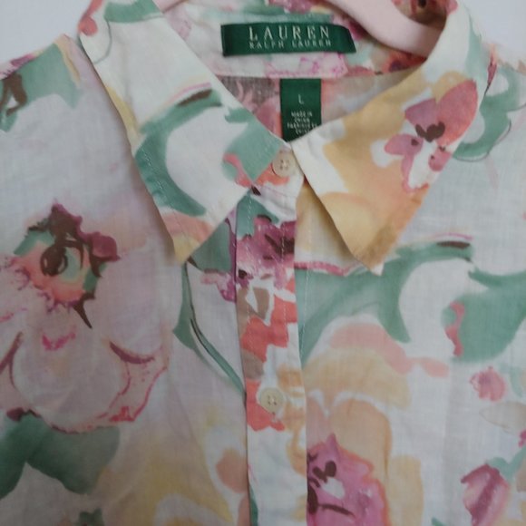 Ralph Lauren watercolor pastel floral button down 100% linen shirt size L - Picture 6 of 14
